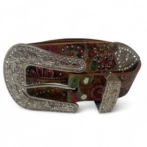 Noona Belt Co. Genuine leather bling rhinestones embroidery belt size S brown